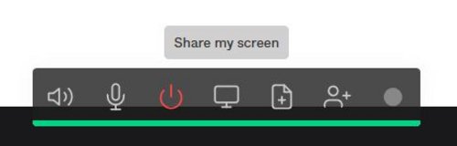 Screenshot: Menüleiste mit Funktionen während der Videokonferenz mit Funktionen für Lautsprecher, Mikrofon, Bildschirm teilen, Dokument teilen, Personen einladen.