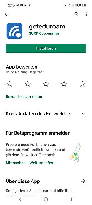 Screenshot Google Play Store der App "geteduroam"