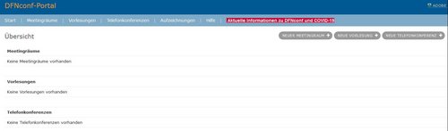 Screenshot: DFN-Portal mit eigener Übersicht und Möglichkeit zur Eröffnung von Meetingräumen, Vorlesung oder Telefonkonferenz.