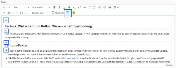 Screenshot: Anzeige der verwendeten Blöcke im RTE