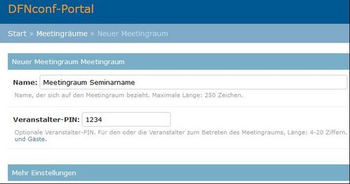 Screenshot: Fenster zur Erstellung eines neuen Meetingraums mit Textfelder für Meetingraum-Name und optionaler Veranstalter-PIN.
