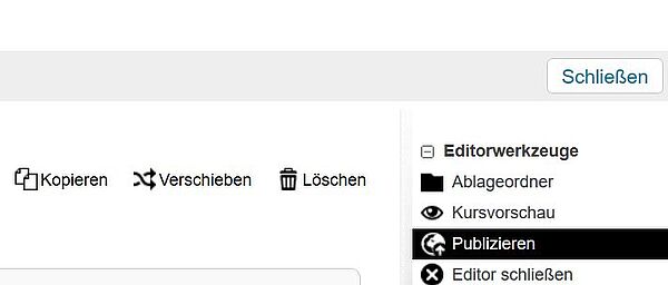 Ein Ausschnitt des Kurseditors von OPAL mit Fokus auf die Editorwerkzeuge und das "Publizieren" Werkzeug
