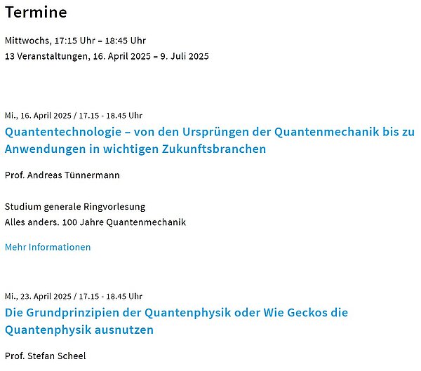 Screenshot: Liste zurückliegender Veranstaltungen