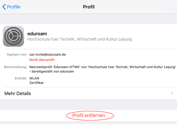 Screenshot Profil löschen