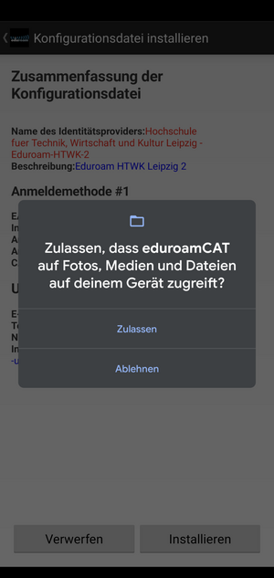 Screenshot: Fenster mit Abfrage zum Zugriff der App auf eigene Dateien sowie im Hintergrund ein Auszug der Installation der Konfigurationsdatei.