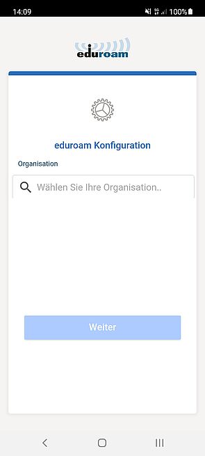 Screenshot der Organisation-Eingabeseite der "geteduroam"-App.