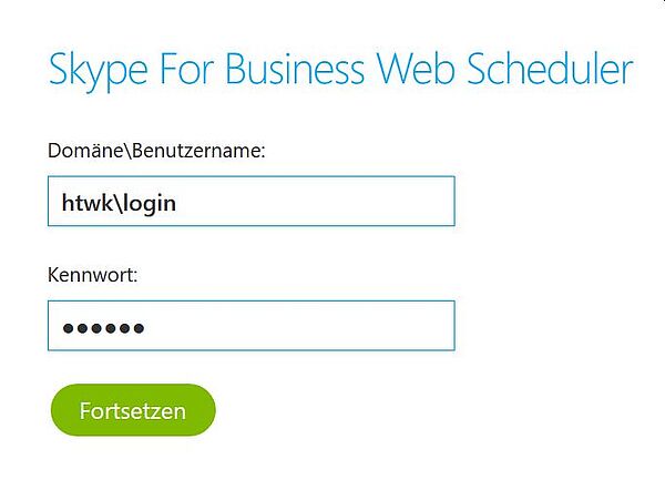 Log-In-fenster Skype for Business Web Scheduler.
