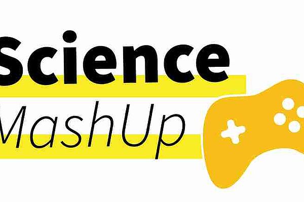 Logo des Science MashUp, Schriftzug und Spielecontroller in gelb