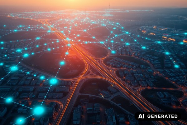 AI-generated image, a bird's-eye view of a city at sunset with bright orange streets and an energy grid depicted with bright blue nodes and lines