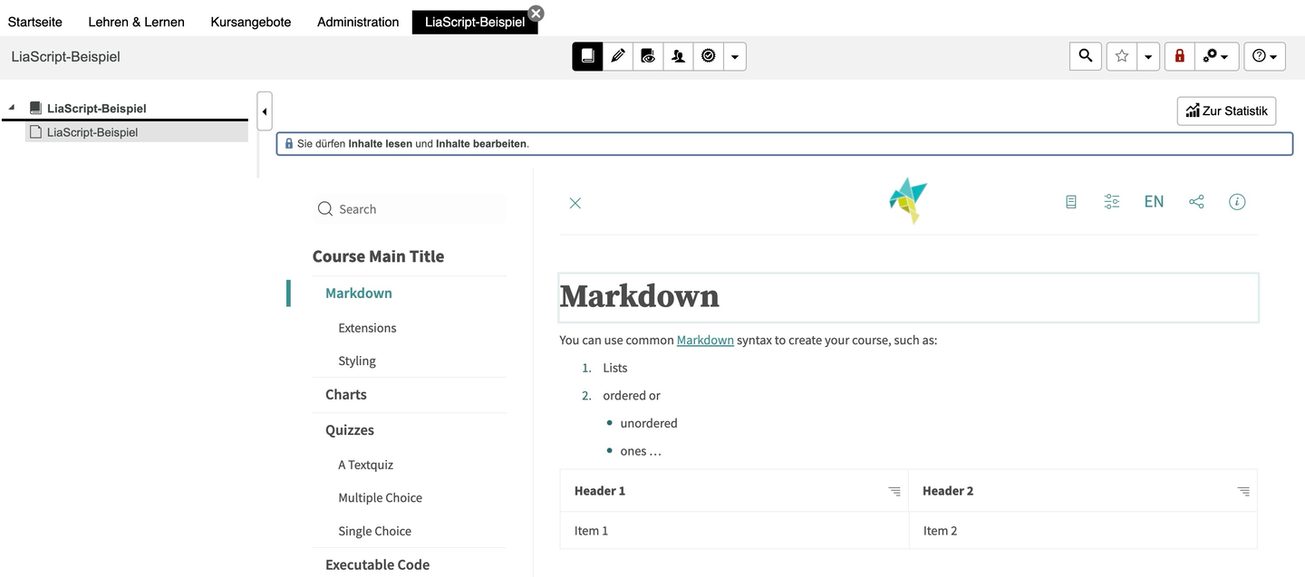 Ansicht einer LiaScript-Seite in OPAL