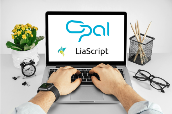 Grafik mit Laptop. Auf dem Bildschirm sind das Logo von OPAL und LiaScript zu sehen.