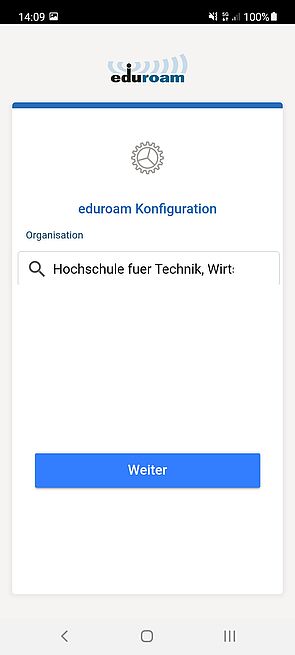 Der Screenshot zeigt die Eingabe "Hochschule fuer Technik, Wirt..." in der "geteduroam"-App.