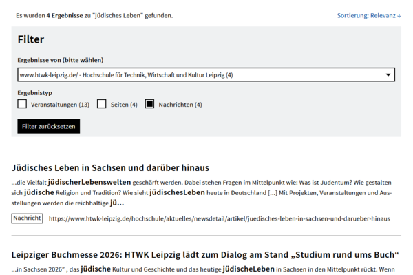 Screenshot der HTWK-Solr-Suche mit Suchergebnissen
