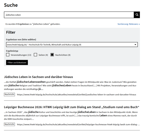 Screenshot der HTWK-Solr-Suche mit Suchergebnissen Screenshot der HTWK-Solr-Suche mit Suchergebnissen