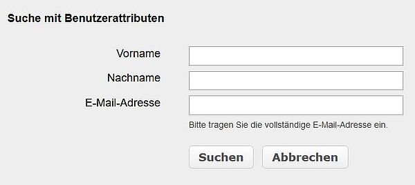 Ein Suchfeld um weitere Moderatoren per Benutzerattributen zu suchen. Die Überschrift lautet "Suche mit Benutzerattributen", darunter befinden sich drei eingabe Felder, welche jeweils mit "Vorname", "Nachname" und "E-Mail-Adresse" beschriftet sind. Darunter befinden sich zwei Buttens, jeweils mit der Aufschrift "Suchen" und "Abbrechen".