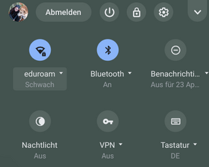 Screenshot von verschiedenen Einstellungen/Optionen z. B. WLAN, Bluetooth. Beim WLAN wird eine aktive Verbindung zu eduroam abgebildet.