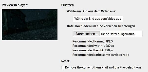 Das Vorschaubild und das dazugehörige Menü werden angezeigt. Links das Vorschaubild und rechts daneben die Möglichkeit das Bild durch ein anderes zu ersetzen oder zurückzusetzen.  Im „Ersetzen“-Bereich befinden sich die Möglichkeit ein Bild aus dem Video auszuwählen oder eine Datei hochzuladen untereinander. Im Bereich „Datei hochladen“ kann ein Bild im Dateisystem ausgewählt werden. Die aufgelisteten Empfehlungen darunter sind: Format JPEG, Breite 1280 Pixel, Höhe 720 Pixel, Seitenverhältnis wie im Video