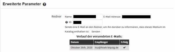 Ein Ausschnitt aus dem Mediaserver der HTWK. Unter dem Bereich "Erweiterte Parameter" sind verschiedene Menüpunkte dargestellt. Unter dem Menüpunkt "Redner - Name" findet sich er Menüpunkt "ID".