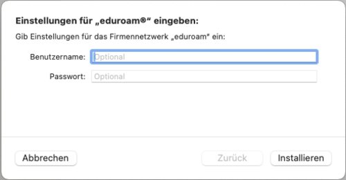Screenshot: Fenster zur Eingabe von Einstellungen für eduroam mit Textfeldern für Benutzername und Passwort.