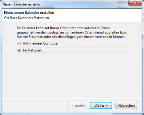 Screenshot Ort des neuen Kalenders einstellen zu den Schritten 1 bis 2.