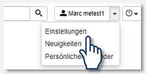 The cursor hovers over “Einstellungen” in the personal menu where the language can be changed