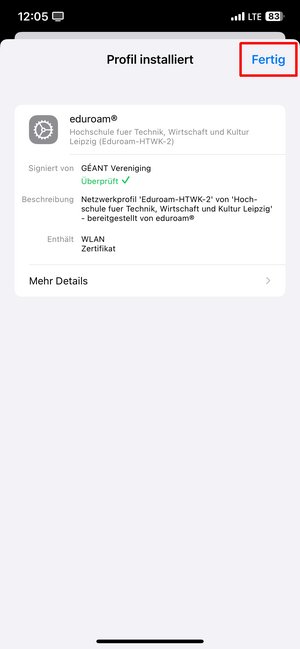 Screenshot: Fenster mit Informationen zum installierten Profil.