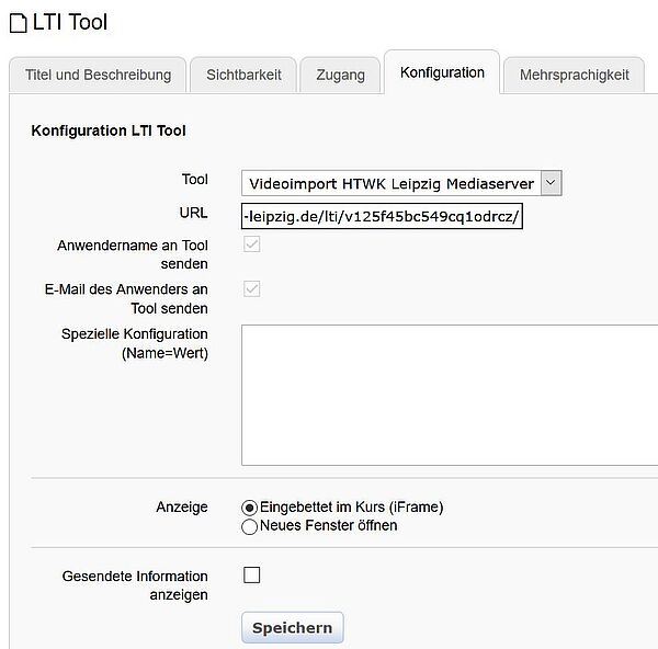 Eine Gesamtansicht des Konfigurationsmenüs des OPAL Kursbausteins "LTI Tool", in das URL Feld wurde ein LTI-Link eines auf dem Mediaserver hinterlegten Videos eingefügt