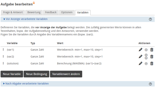 Es sind drei Variablen festgelegt. var1 und var2 sind ganze Zahlen aus dem Wertebereich eins bis zehn, die Variable solution ist die Summe von var1 und var2.