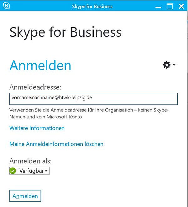 Log-In-Fenster Skype for Business.