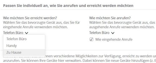 Screenshot: Im Tab "Geräte" eine Auswahl zur Anpassung der Erreichbarkeit.