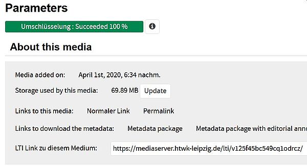 Das „Parameters“-Menü wird dargestellt, dort werden im Bereich „About this media“ drei Möglichkeiten zum Verlinken angegeben „Links to this media“ mit dem normalen Link und Permalink sowie als letzter Menüpunkt der LTI Link