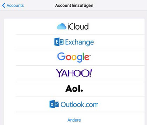 Screenshot Account hinzufügen mit einer Auswahl verschiedener Dienste wie iCloud, Microsoft Exchange und weitere.