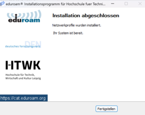 Screenshot: Installation von Eduroam mit Fenster zur Eingabe von Benutzerdaten mit Textfelder für Benutzername, Passwort und Passwort wiederholen.