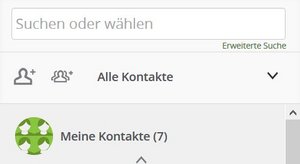 Screenshot: Suchfeld mit darunterliegenden Buttons zum Hinzufügen von Kontakten und Gruppen sowie die Liste aller Kontakte.