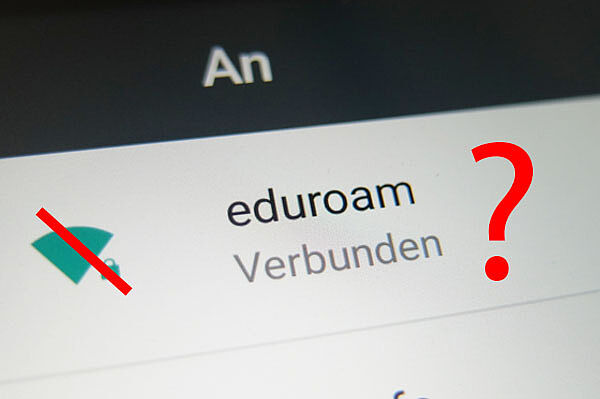 Der Verbindungsstatus von Eduroam wird angezeigt. Daneben ein rotes Fragezeichen.