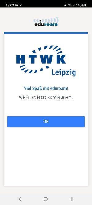Screenshot: Erfolgsmeldung zur Konfiguration in der "geteduroam"-App.
