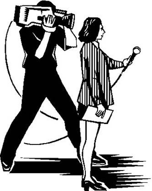 Medientraining Schwarz-weiß Skizze von einer Frau mit einem Fotografen dahinter