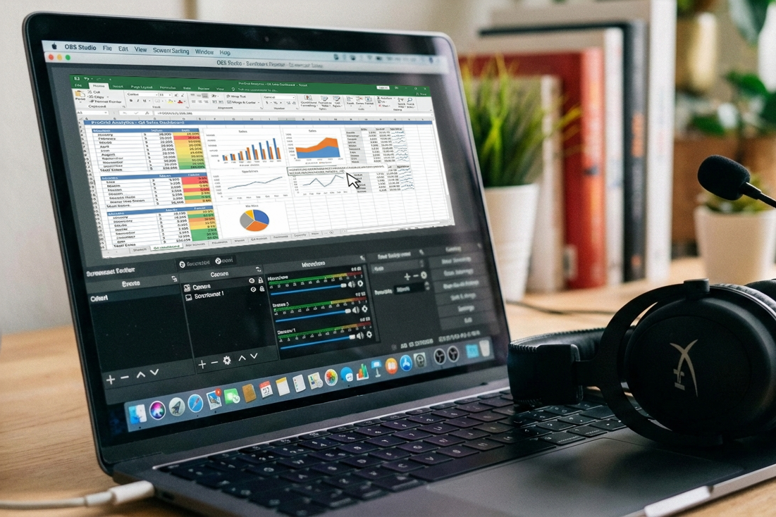 Laptop mit Screencast-Software und Headset