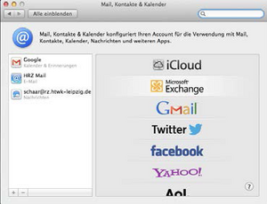 Screenshot Apps hinzufügen mit einer Auswahl verschiedener Dienste wie iCloud, Microsoft Exchange und weitere.