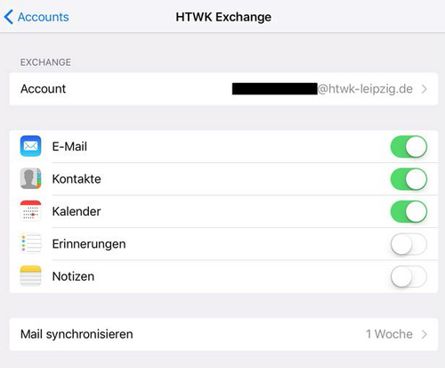 Screenshot vom Account "HTWK Exchange" mit Aktivierung von E-Mail, Kontakte und Kalender.