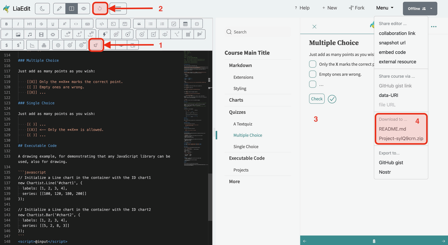 Beispiel LiaScript Editor und generiertes Dokument