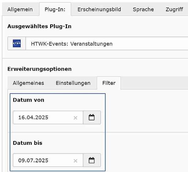 Screenshot: Datum als Filter für Veranstaltungen