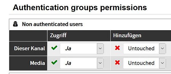 Der Bereich des Berechtigungsmenüs wird gezeigt, in dem die Rechte für "Non authenticated users" gesetzt werden können