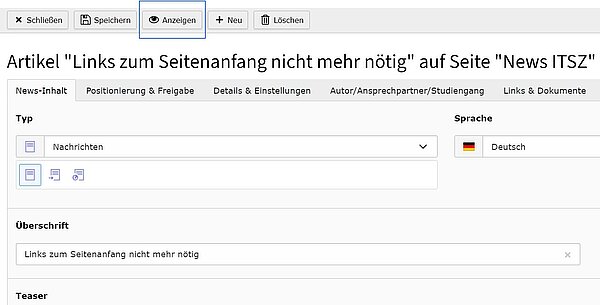 Screenshot: Button Anzeigen für News-Vorschau