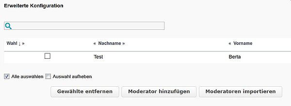 Verschiedene Konfigurationsmöglichkeiten für hinzugefügte Moderatoren. Moderatoren können über entsprechend beschriftete Buttons importiert, hinzugefügt und entfernt werden.