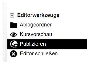 Eine Liste mit Editorwerkzeugen bestehend aus "Ablageordner" mit "Ordner"-Icon, "Kursvorschau" mit "Auge"-Icon, "Publizieren" mit "Erdkugel"-Icon und "Editor schließen" mit "X"-Icon. "Publizieren" ist mit weißer Schrift auf schwarzem Hintergrund hervorgehoben.