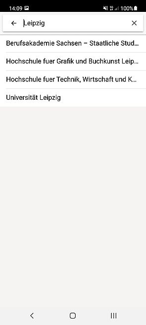 Der Screenshot zeigt die Eingabe Leipzig und die verfügbaren Institutionen mit Leipzig im Name. ("geteduroam"-App)