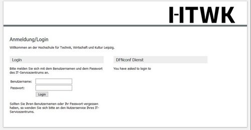 Screenshot: Anmeldemaske mit Textfeldern für Benutzername und Passwort für das HTWK-Login.