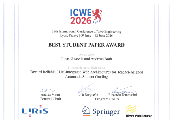 Die Urkunde der ICWE 2026 mit der Auszeichnung "Best Student Paper Award" als Scan.