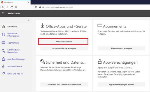 Screenshot vom Office-Portal mit dem Button "Office Installieren" in den Microsoft-Office Account-Einstellungen.